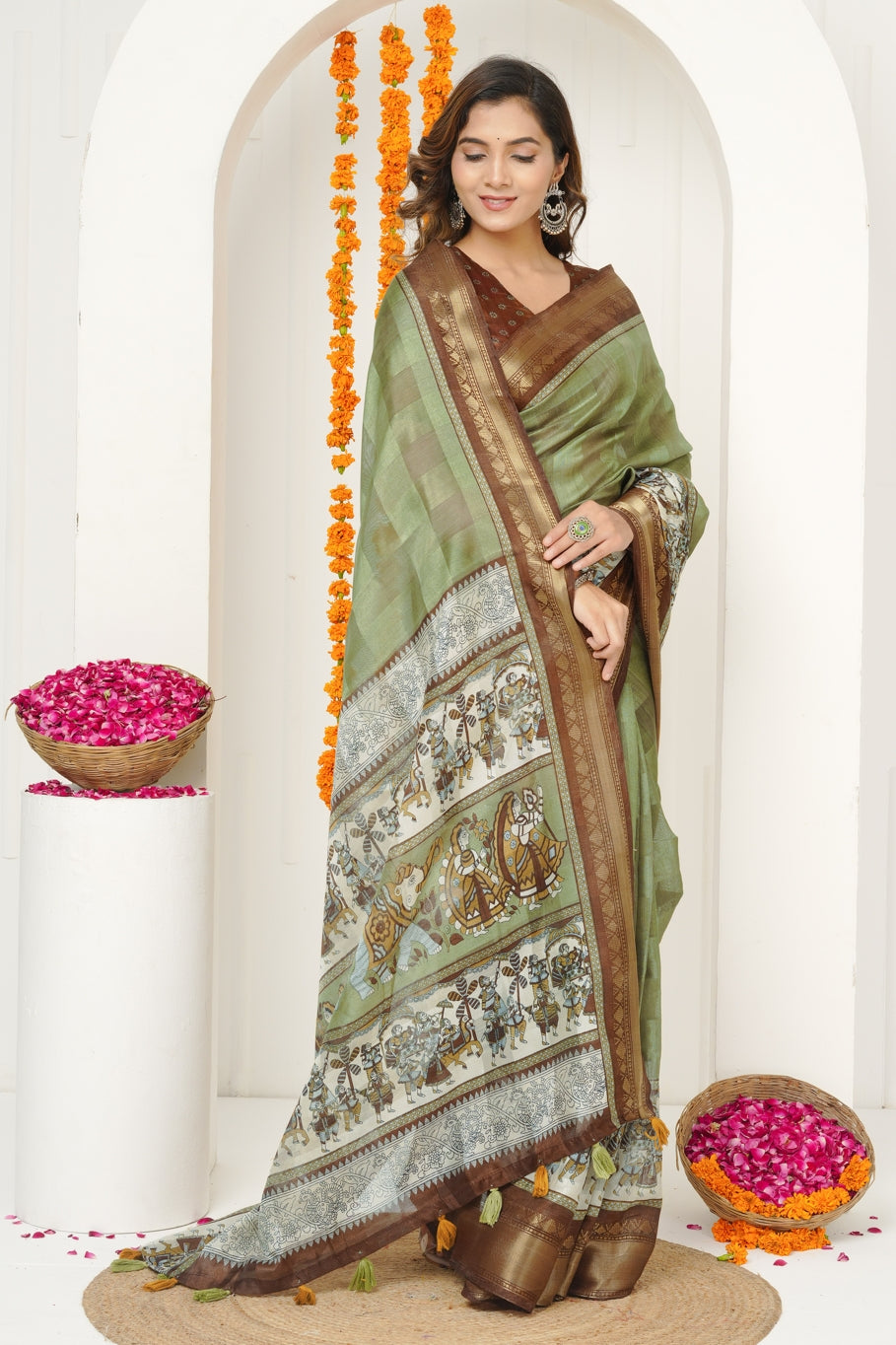 Latest Madhubani Print Cotton Silk Saree with Unstiched Blouse Piece