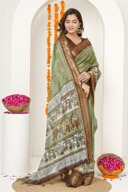 Latest Madhubani Print Cotton Silk Saree with Unstiched Blouse Piece
