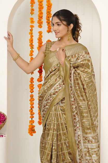 Beautiful Warli Print Cotton Silk Saree with Unstiched Blouse Piece