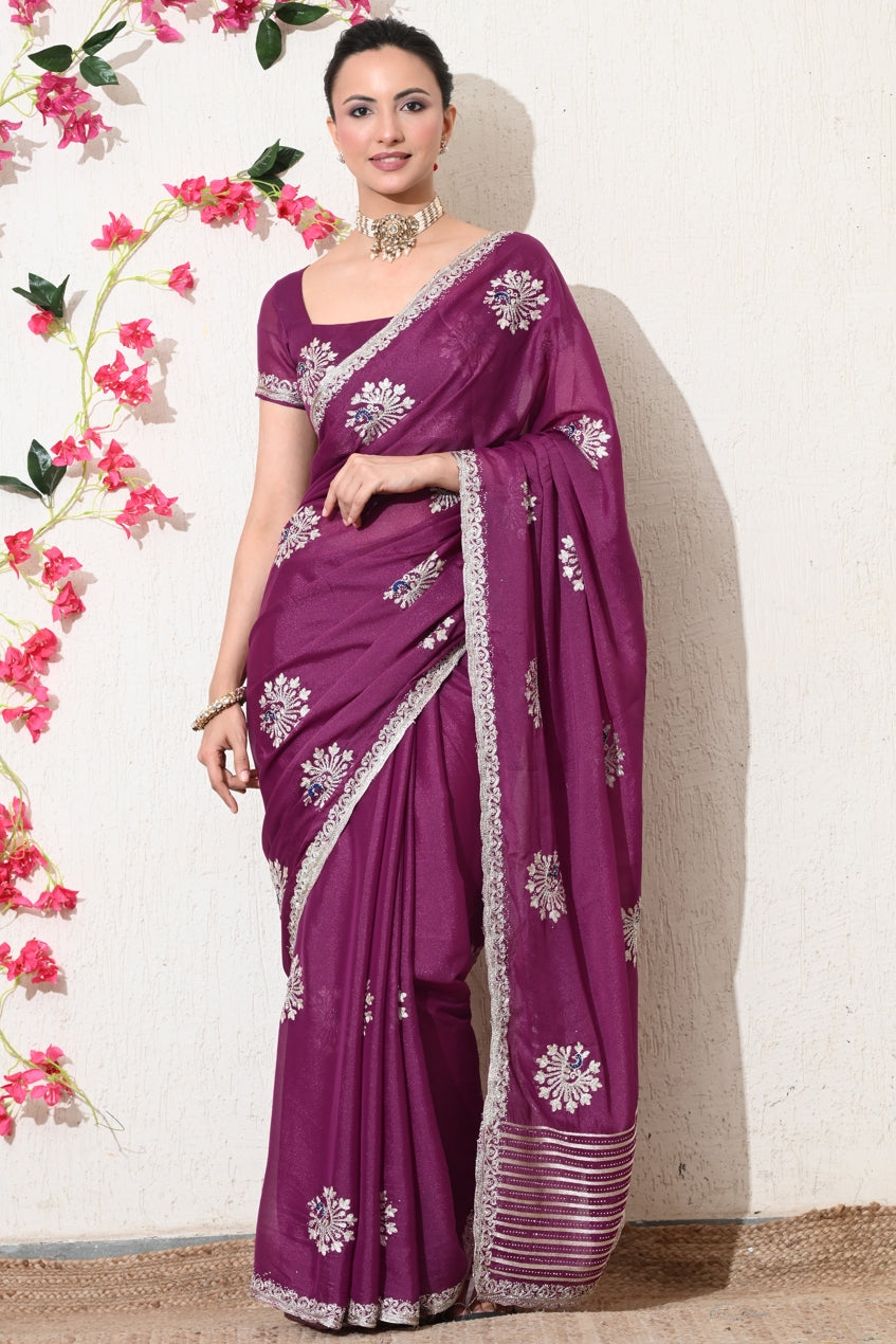 Traditional Shimmer Georgette Peacock Embroidery Work Saree with Unstitched Blouse