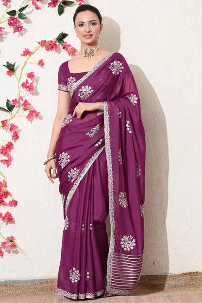 Traditional Shimmer Georgette Peacock Embroidery Work Saree with Unstitched Blouse