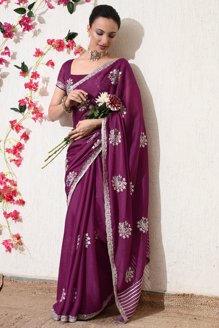 Traditional Shimmer Georgette Peacock Embroidery Work Saree with Unstitched Blouse