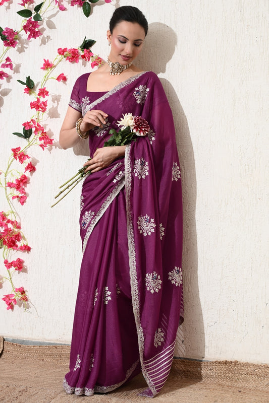 Traditional Shimmer Georgette Peacock Embroidery Work Saree with Unstitched Blouse