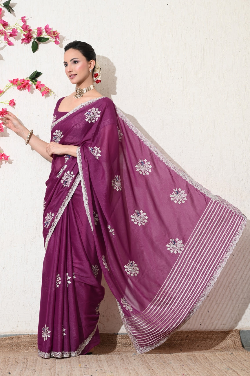 Traditional Shimmer Georgette Peacock Embroidery Work Saree with Unstitched Blouse