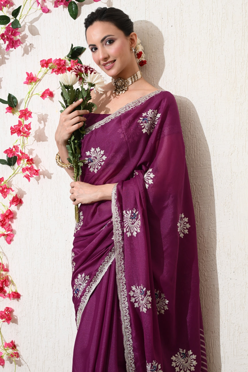 Traditional Shimmer Georgette Peacock Embroidery Work Saree with Unstitched Blouse