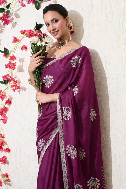 Traditional Shimmer Georgette Peacock Embroidery Work Saree with Unstitched Blouse