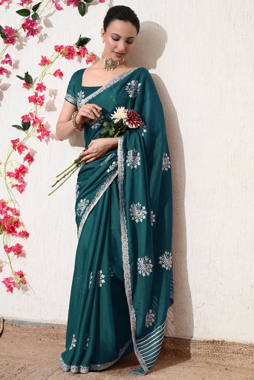 Traditional Shimmer Georgette Peacock Embroidery Work Saree with Unstitched Blouse