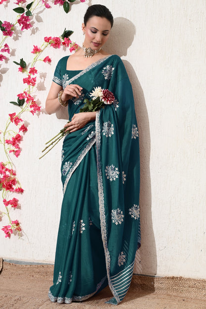Traditional Shimmer Georgette Peacock Embroidery Work Saree with Unstitched Blouse