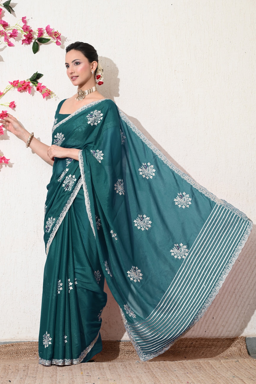 Traditional Shimmer Georgette Peacock Embroidery Work Saree with Unstitched Blouse