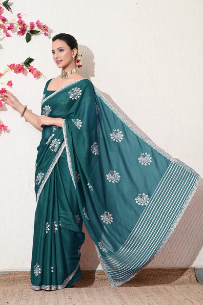 Traditional Shimmer Georgette Peacock Embroidery Work Saree with Unstitched Blouse