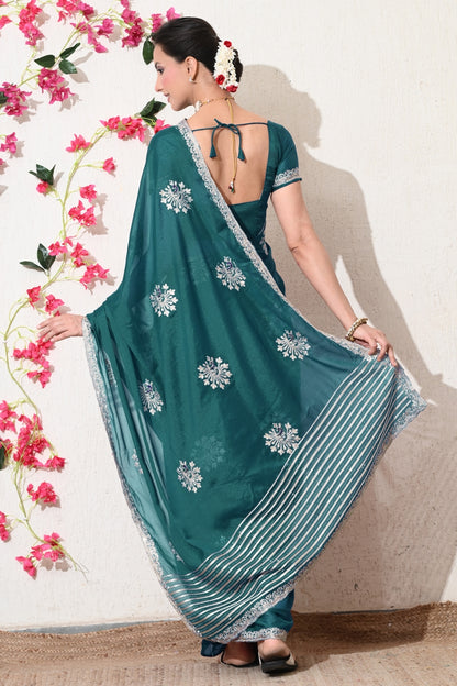 Traditional Shimmer Georgette Peacock Embroidery Work Saree with Unstitched Blouse