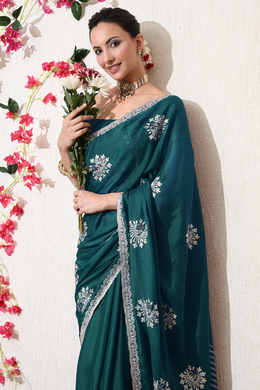 Traditional Shimmer Georgette Peacock Embroidery Work Saree with Unstitched Blouse