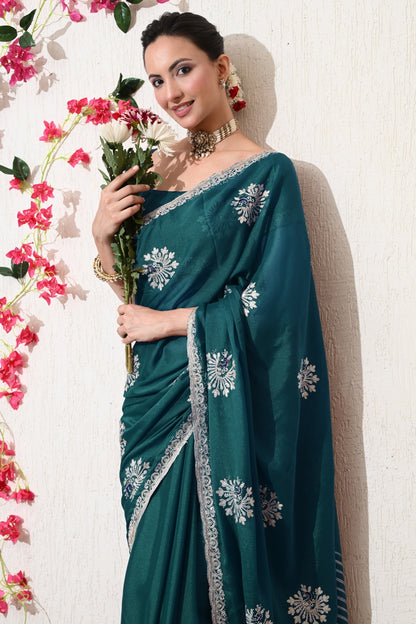 Traditional Shimmer Georgette Peacock Embroidery Work Saree with Unstitched Blouse