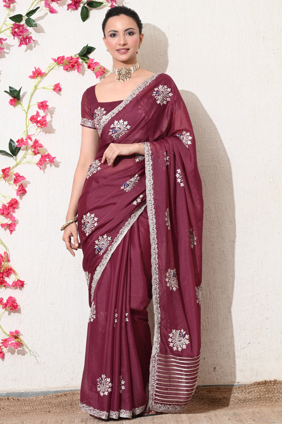 Traditional Shimmer Georgette Peacock Embroidery Work Saree with Unstitched Blouse