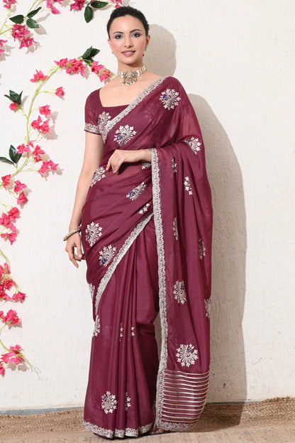 Traditional Shimmer Georgette Peacock Embroidery Work Saree with Unstitched Blouse