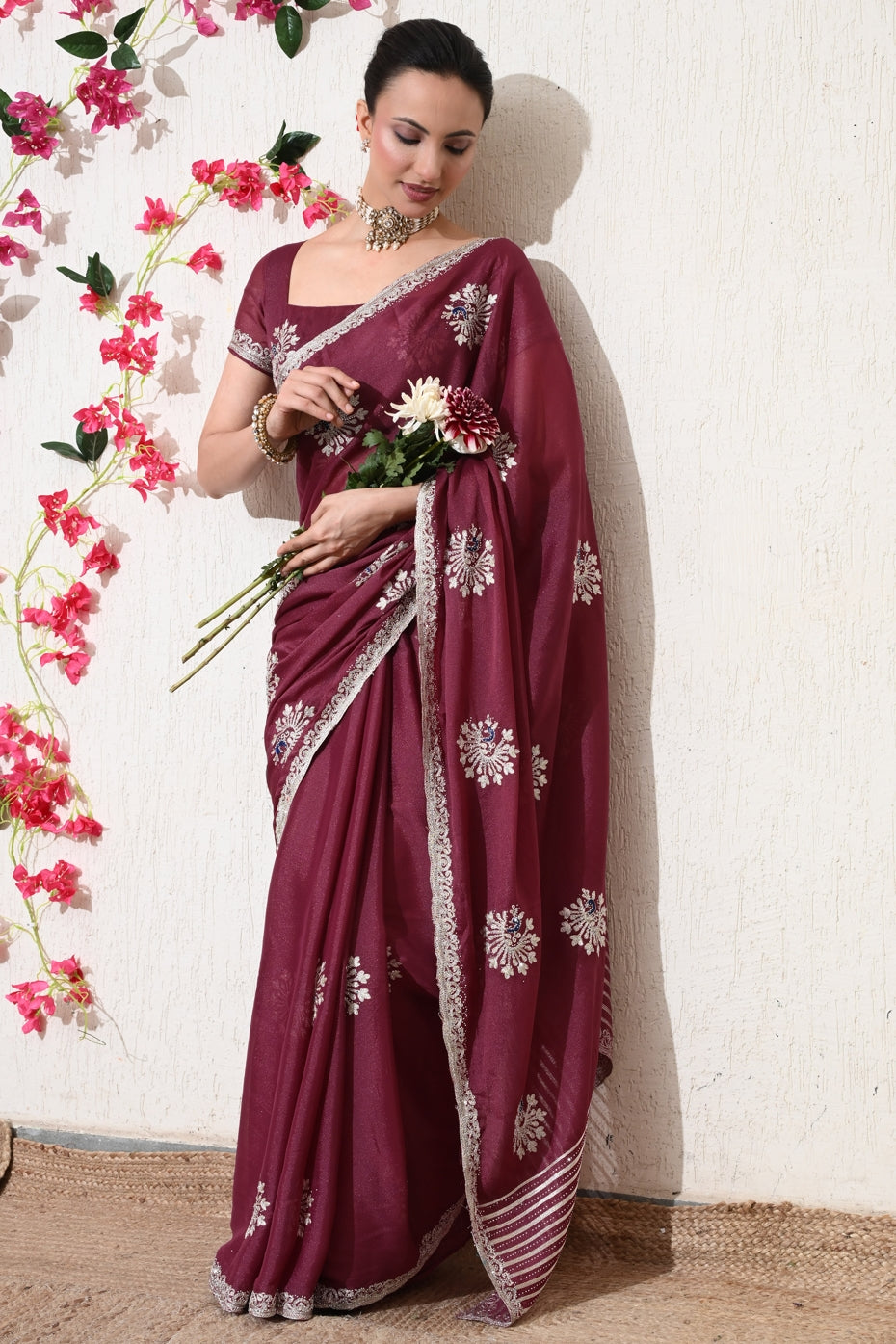 Traditional Shimmer Georgette Peacock Embroidery Work Saree with Unstitched Blouse