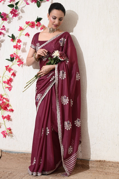 Traditional Shimmer Georgette Peacock Embroidery Work Saree with Unstitched Blouse