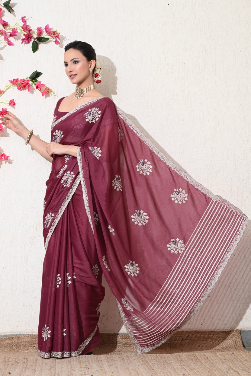 Traditional Shimmer Georgette Peacock Embroidery Work Saree with Unstitched Blouse