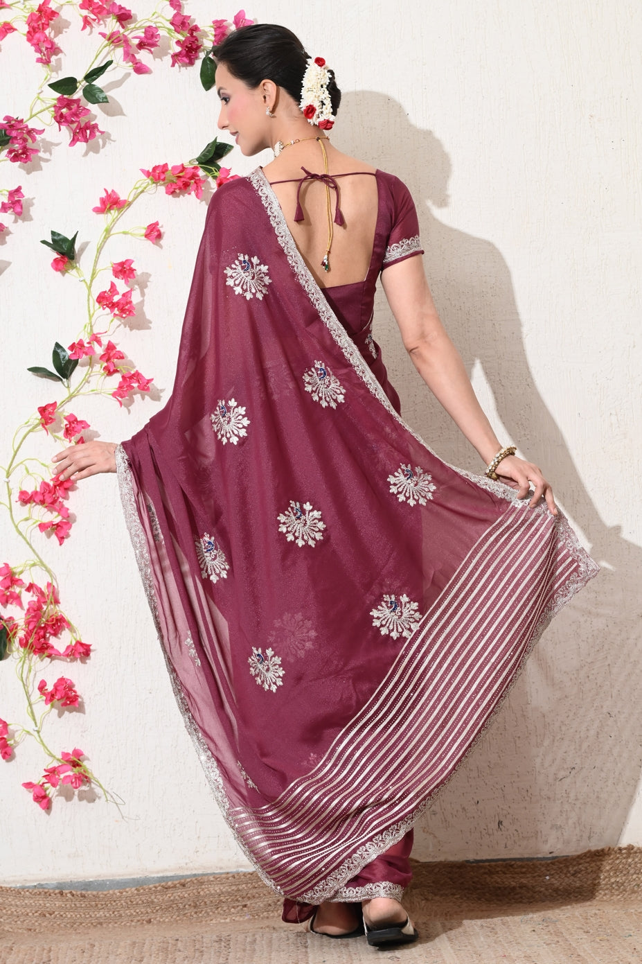 Traditional Shimmer Georgette Peacock Embroidery Work Saree with Unstitched Blouse