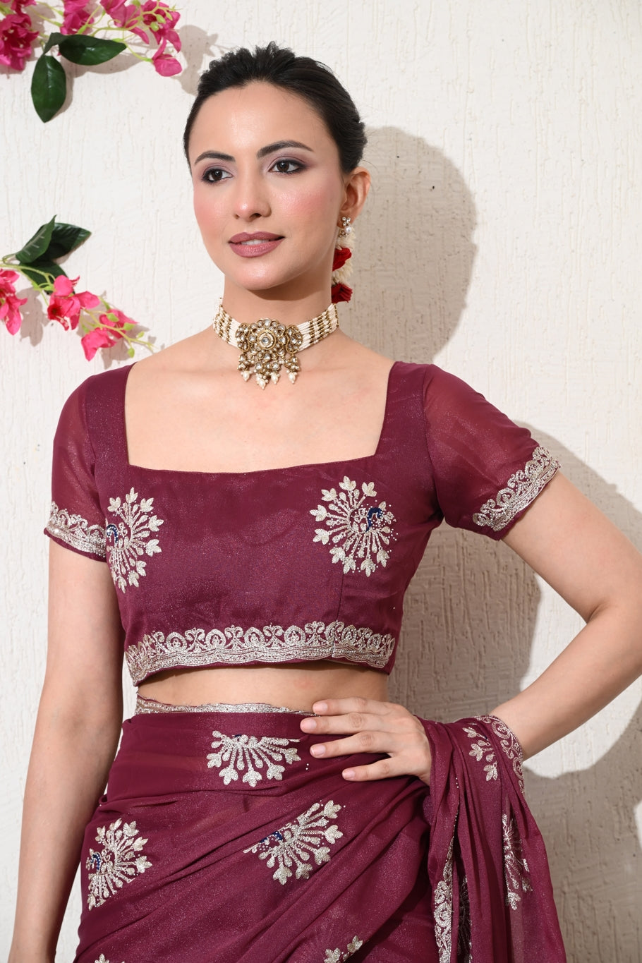 Traditional Shimmer Georgette Peacock Embroidery Work Saree with Unstitched Blouse