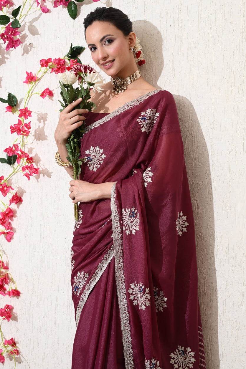 Traditional Shimmer Georgette Peacock Embroidery Work Saree with Unstitched Blouse