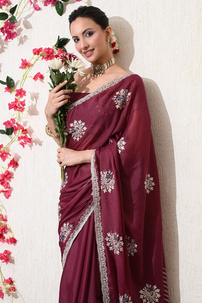 Traditional Shimmer Georgette Peacock Embroidery Work Saree with Unstitched Blouse