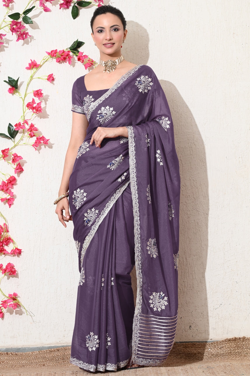 Traditional Shimmer Georgette Peacock Embroidery Work Saree with Unstitched Blouse