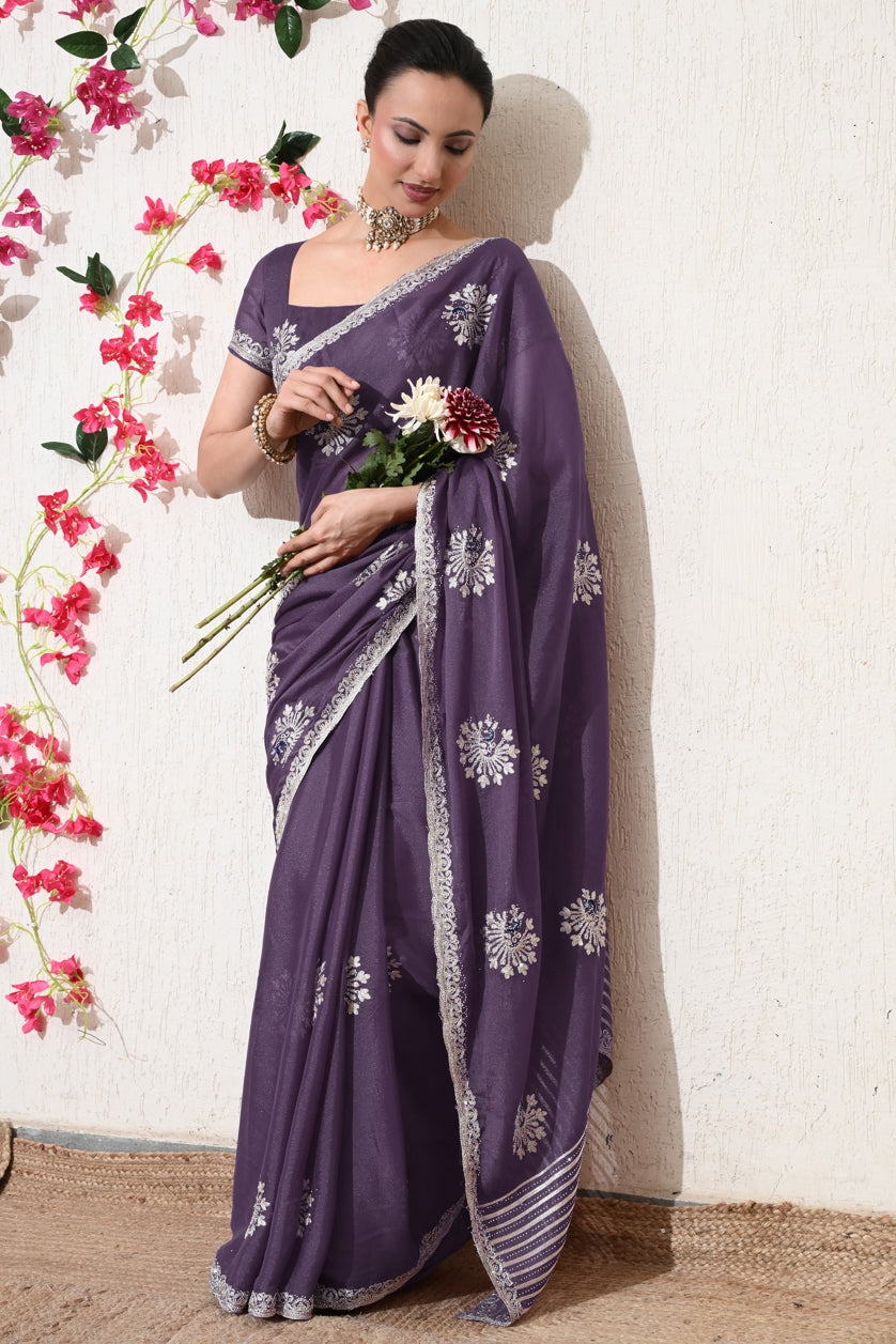 Traditional Shimmer Georgette Peacock Embroidery Work Saree with Unstitched Blouse