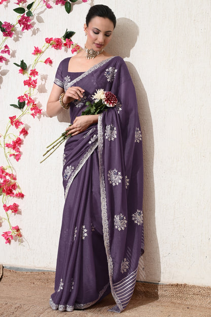 Traditional Shimmer Georgette Peacock Embroidery Work Saree with Unstitched Blouse