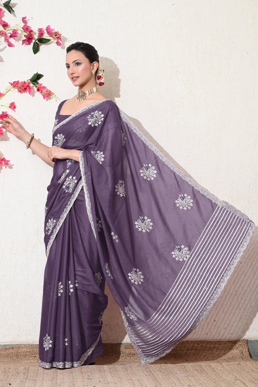 Traditional Shimmer Georgette Peacock Embroidery Work Saree with Unstitched Blouse
