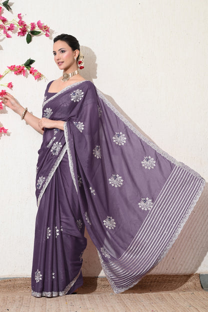 Traditional Shimmer Georgette Peacock Embroidery Work Saree with Unstitched Blouse
