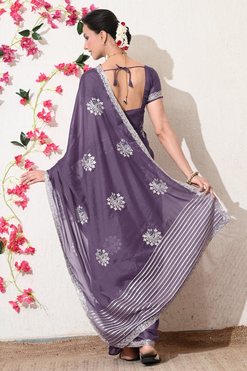 Traditional Shimmer Georgette Peacock Embroidery Work Saree with Unstitched Blouse