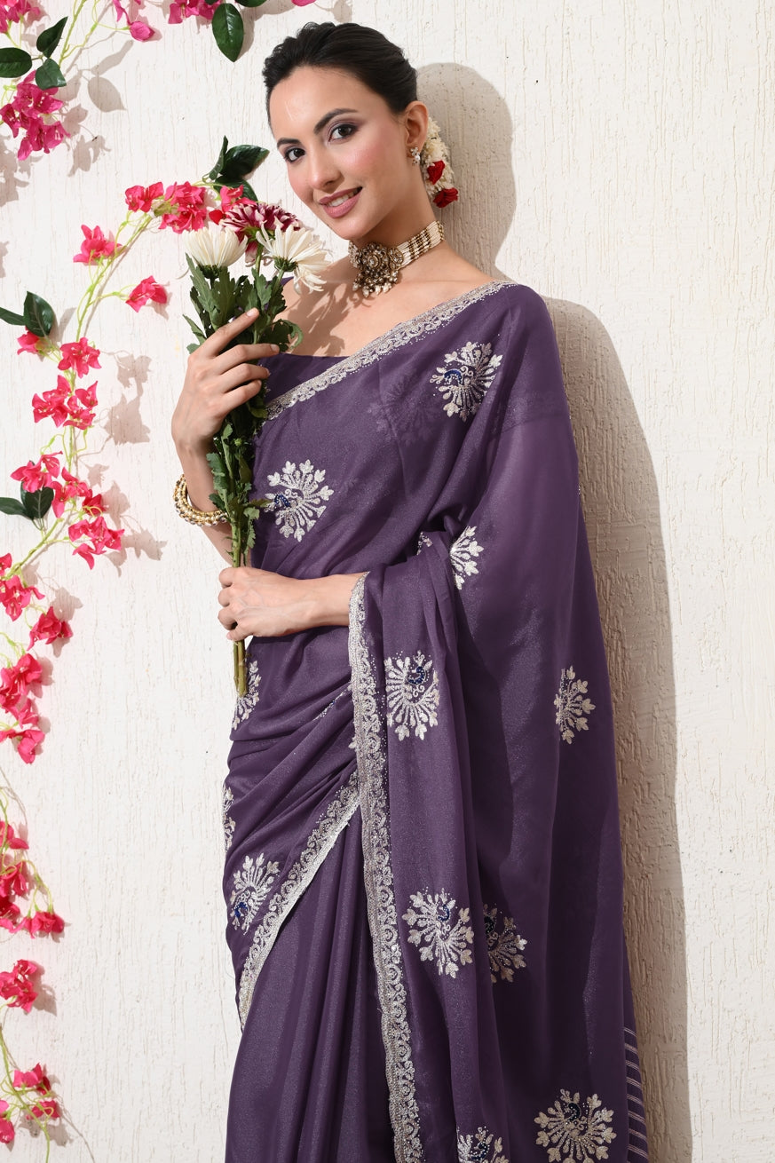 Traditional Shimmer Georgette Peacock Embroidery Work Saree with Unstitched Blouse