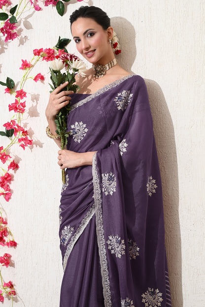 Traditional Shimmer Georgette Peacock Embroidery Work Saree with Unstitched Blouse