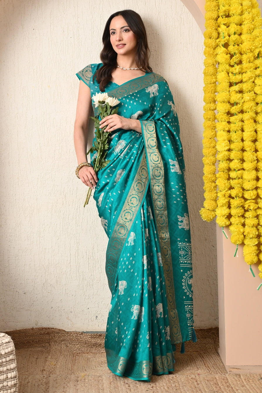 Trendy Cotton Silk Animal Print Saree With Unstitched Blouse