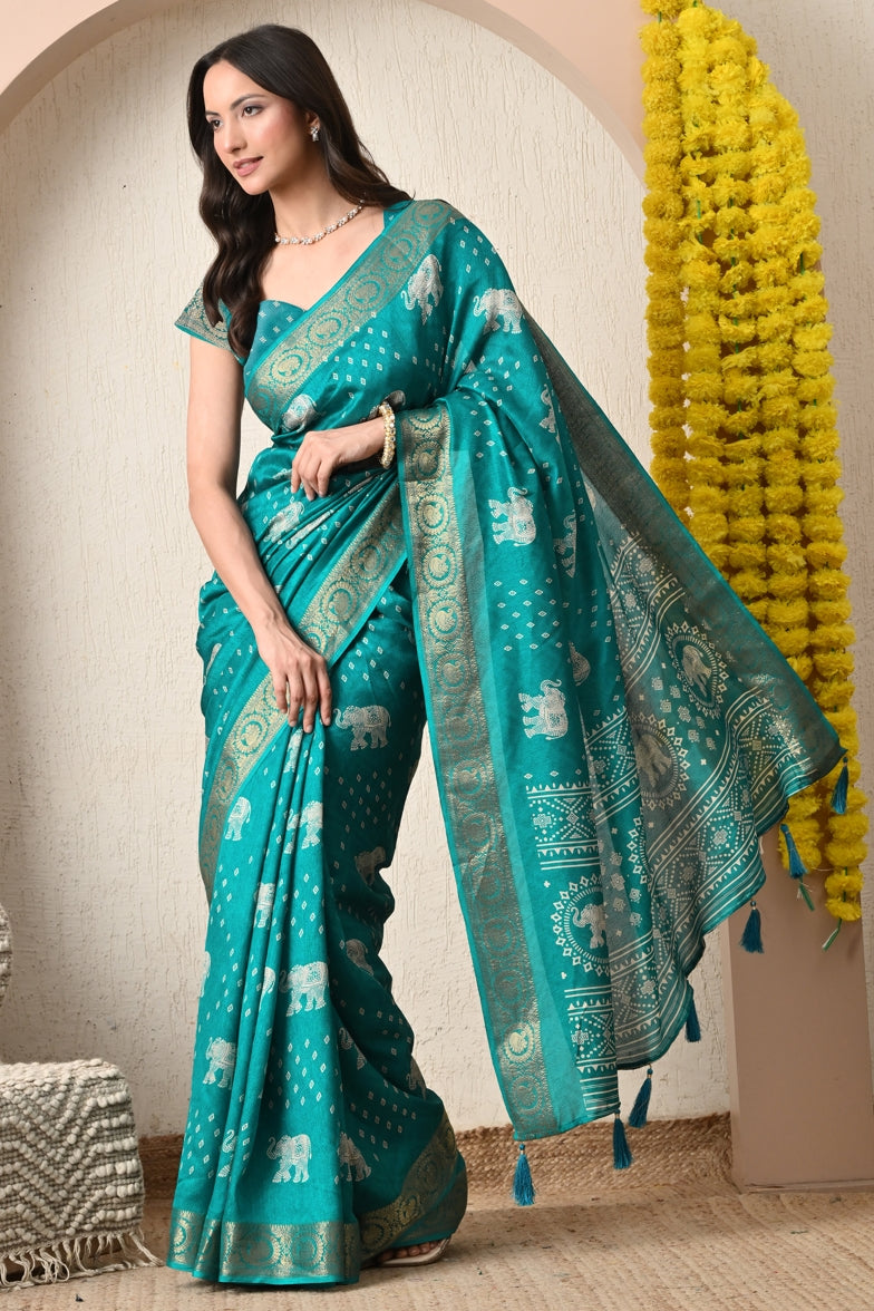 Trendy Cotton Silk Animal Print Saree With Unstitched Blouse