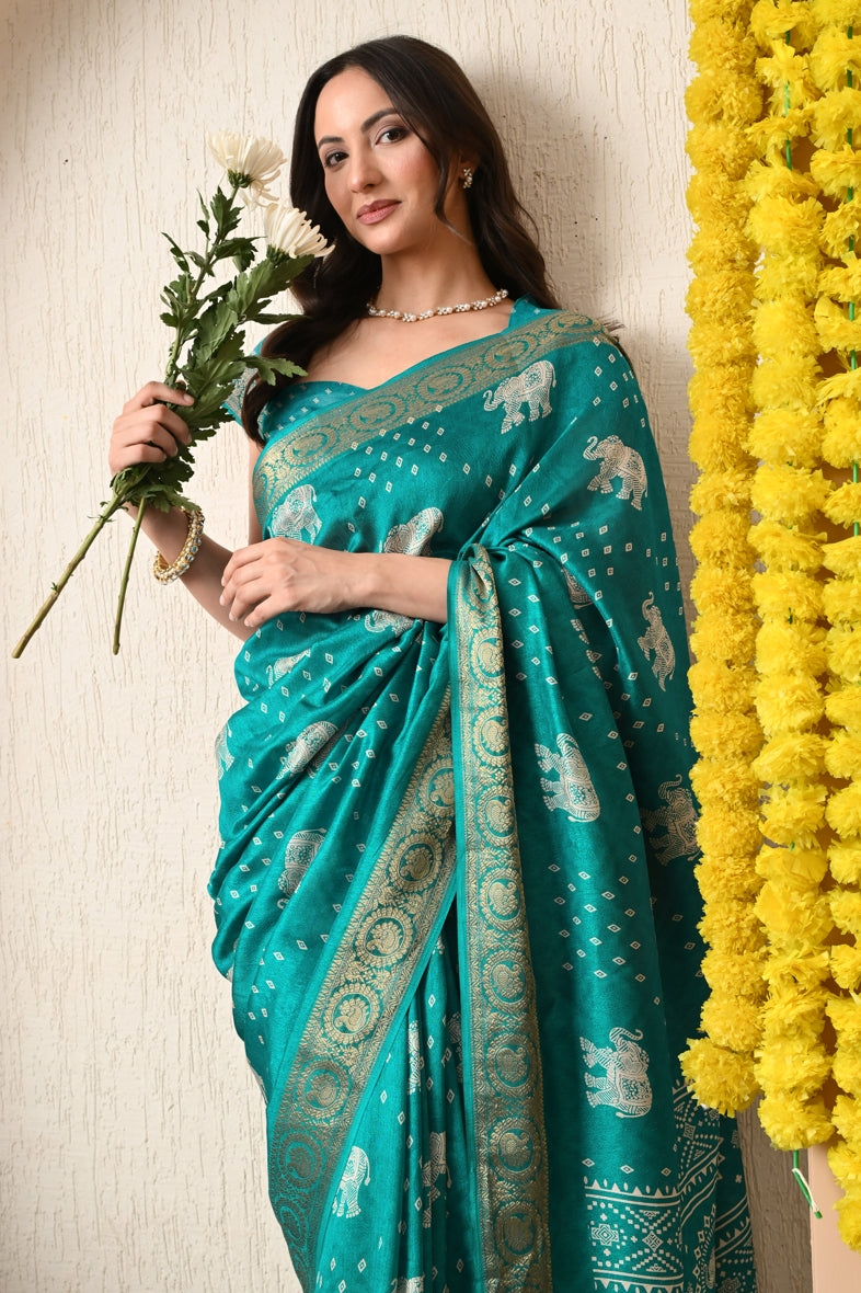 Trendy Cotton Silk Animal Print Saree With Unstitched Blouse