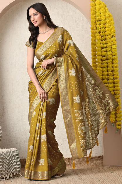 Trendy Cotton Silk Animal Print Saree With Unstitched Blouse