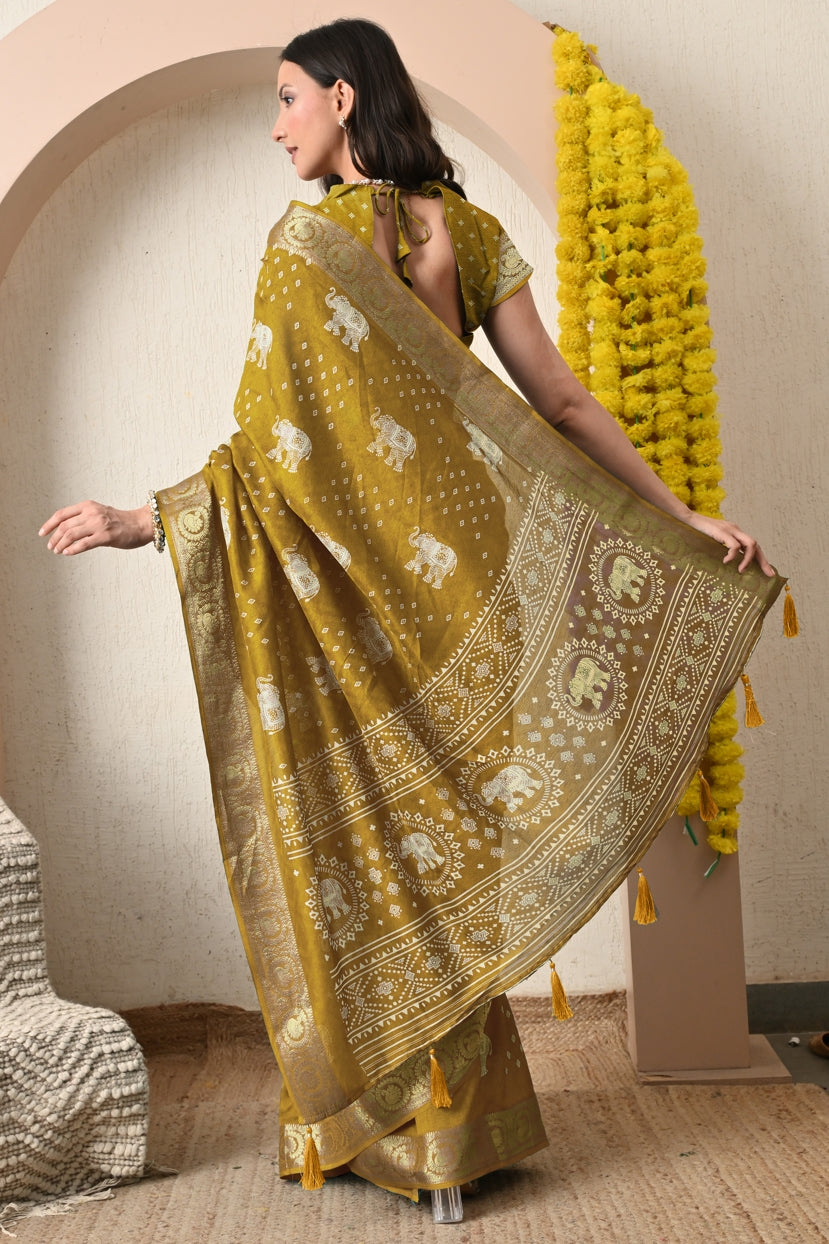 Trendy Cotton Silk Animal Print Saree With Unstitched Blouse