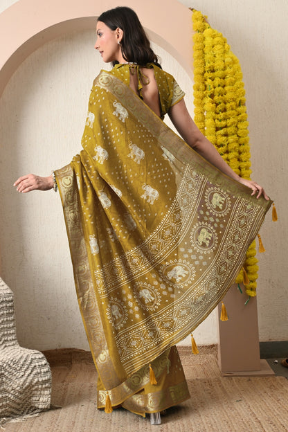 Trendy Cotton Silk Animal Print Saree With Unstitched Blouse