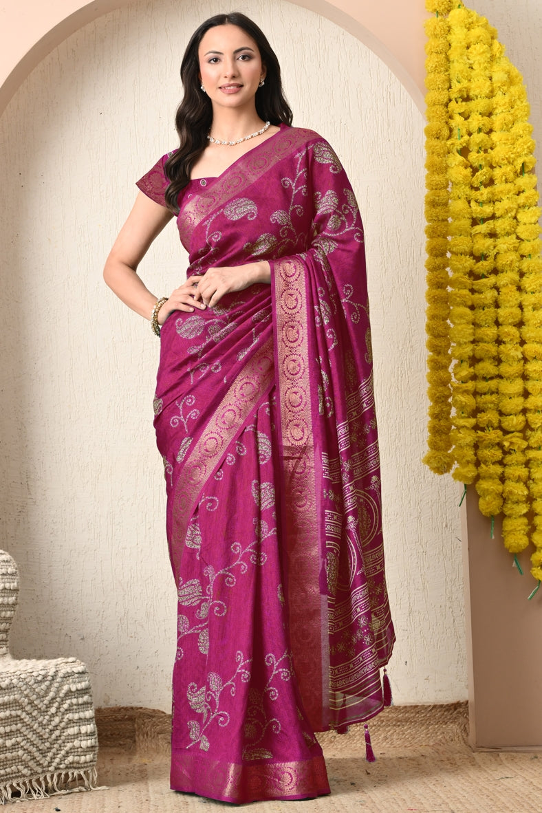 Trendy Cotton Silk Floral Print Saree With Unstitched Blouse