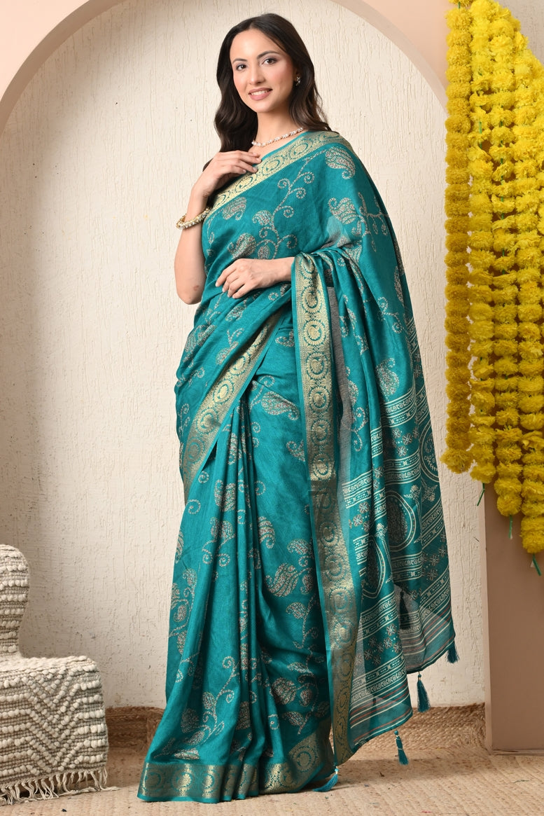 Trendy Cotton Silk Floral Print Saree With Unstitched Blouse