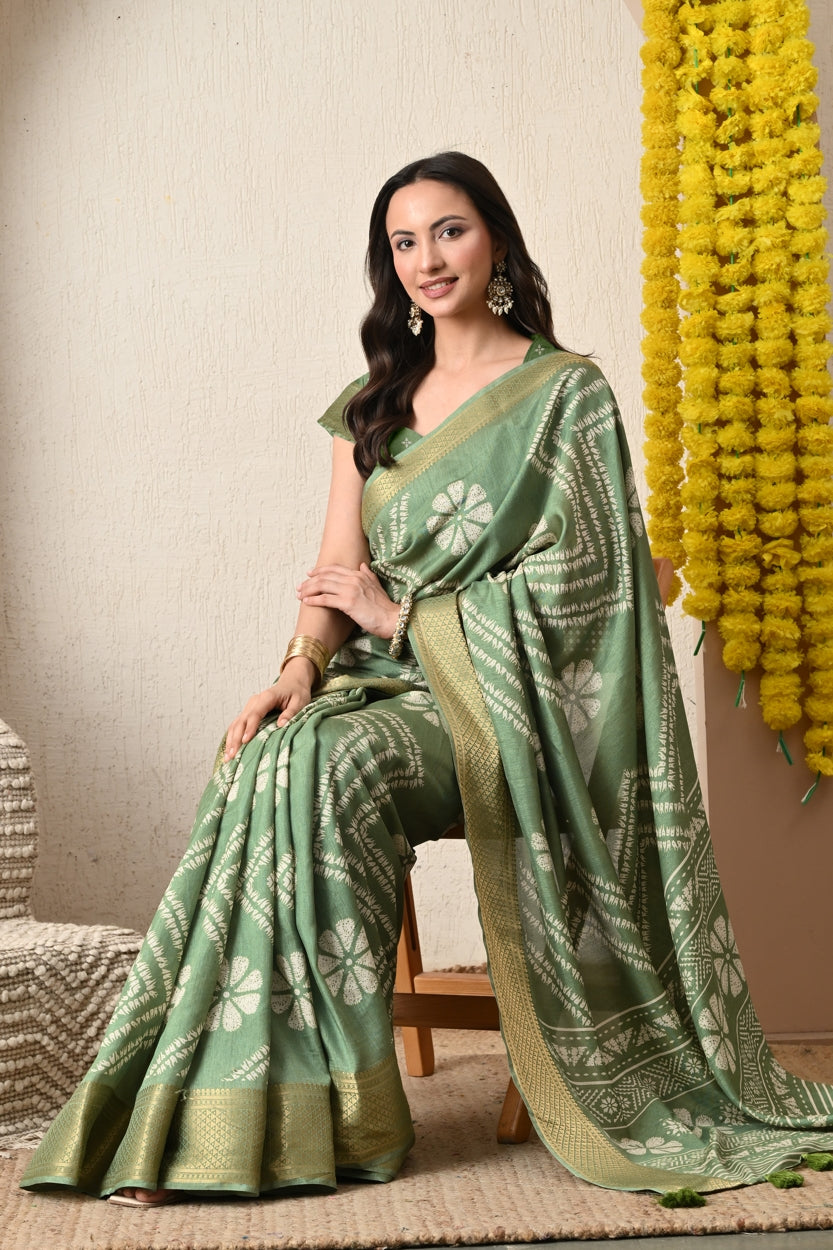 Premium Cotton Silk Block Print Saree with unstitched Blouse Piece