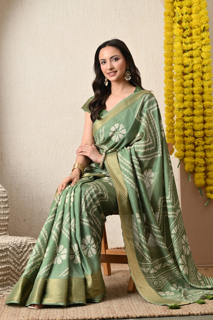Premium Cotton Silk Block Print Saree with unstitched Blouse Piece