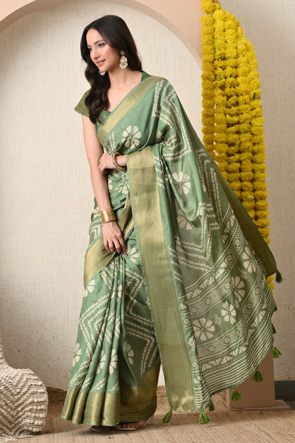 Premium Cotton Silk Block Print Saree with unstitched Blouse Piece