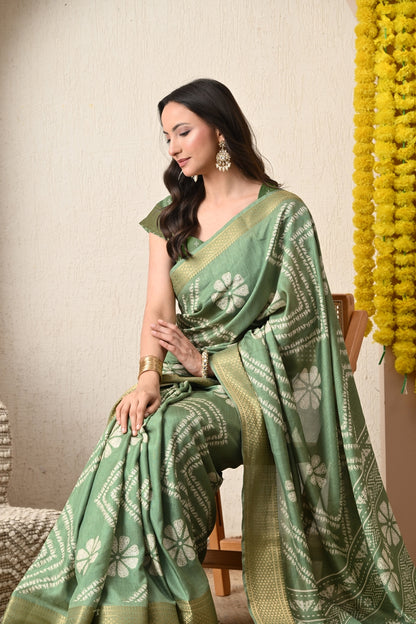 Premium Cotton Silk Block Print Saree with unstitched Blouse Piece