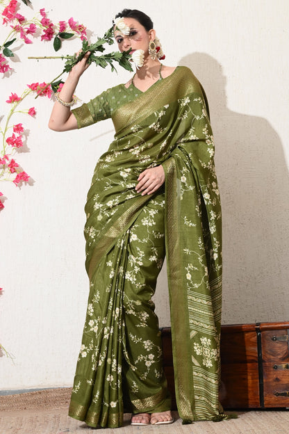Traditional Cotton Silk Floral Print Saree with Unsticthed Blouse Piece