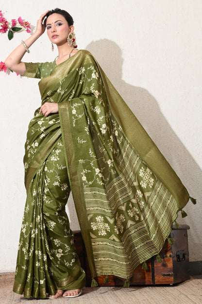 Traditional Cotton Silk Floral Print Saree with Unsticthed Blouse Piece