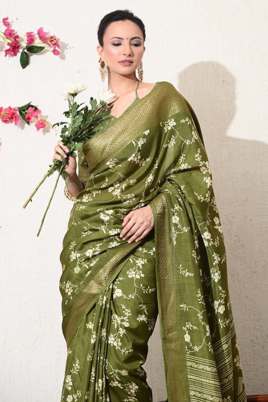 Traditional Cotton Silk Floral Print Saree with Unsticthed Blouse Piece