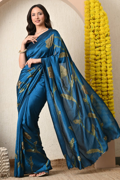 Premium Silk Blend Floral Print Hand Work Saree with Blouse Piece